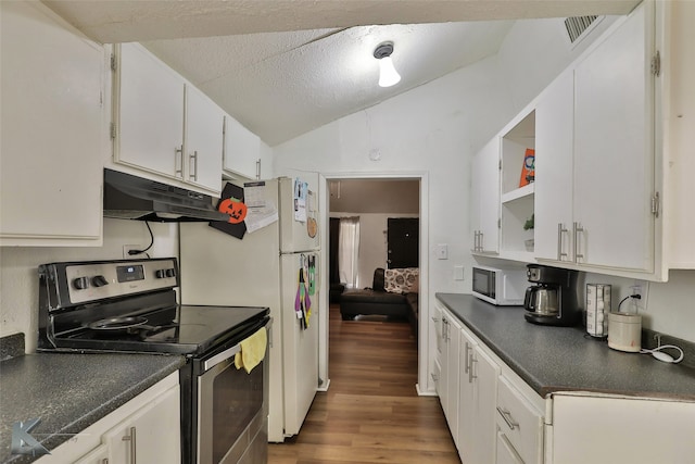 kitchen with white cabinetry, stainless steel range with electric cooktop, lofted ceiling, and dark hardwood / wood-style floors