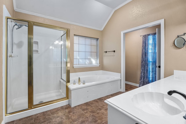 bathroom with tile patterned flooring, vanity, shower with separate bathtub, crown molding, and lofted ceiling