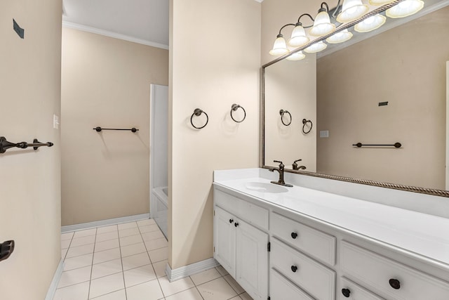 bathroom featuring vanity, bathing tub / shower combination, tile patterned flooring, and ornamental molding