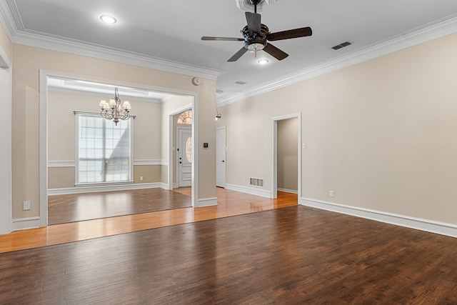 spare room with wood-type flooring, ceiling fan with notable chandelier, and ornamental molding