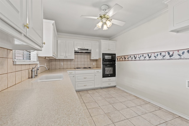 kitchen featuring black appliances, white cabinetry, light tile patterned floors, sink, and ceiling fan