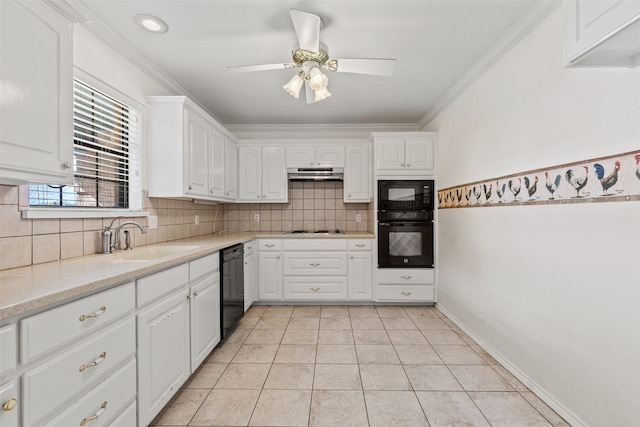 kitchen with black appliances, light tile patterned flooring, white cabinetry, backsplash, and sink