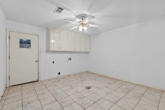 laundry room featuring hookup for an electric dryer, hookup for a washing machine, light tile patterned floors, cabinets, and ceiling fan