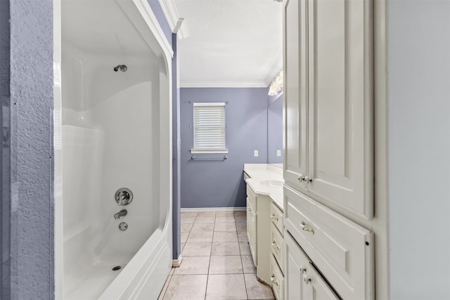 bathroom featuring vanity, tile patterned flooring, shower / bathtub combination, and ornamental molding