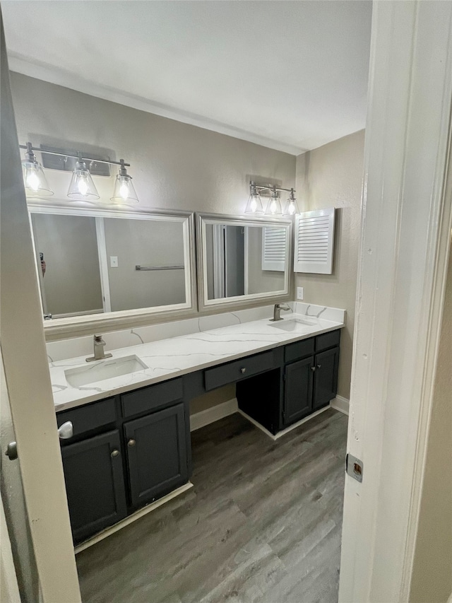 bathroom with hardwood / wood-style floors and vanity