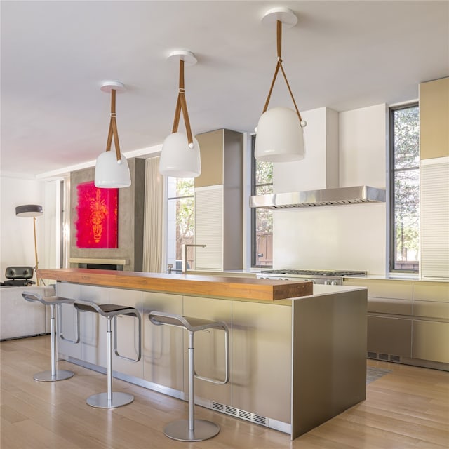 kitchen featuring wall chimney range hood, plenty of natural light, and light hardwood / wood-style flooring