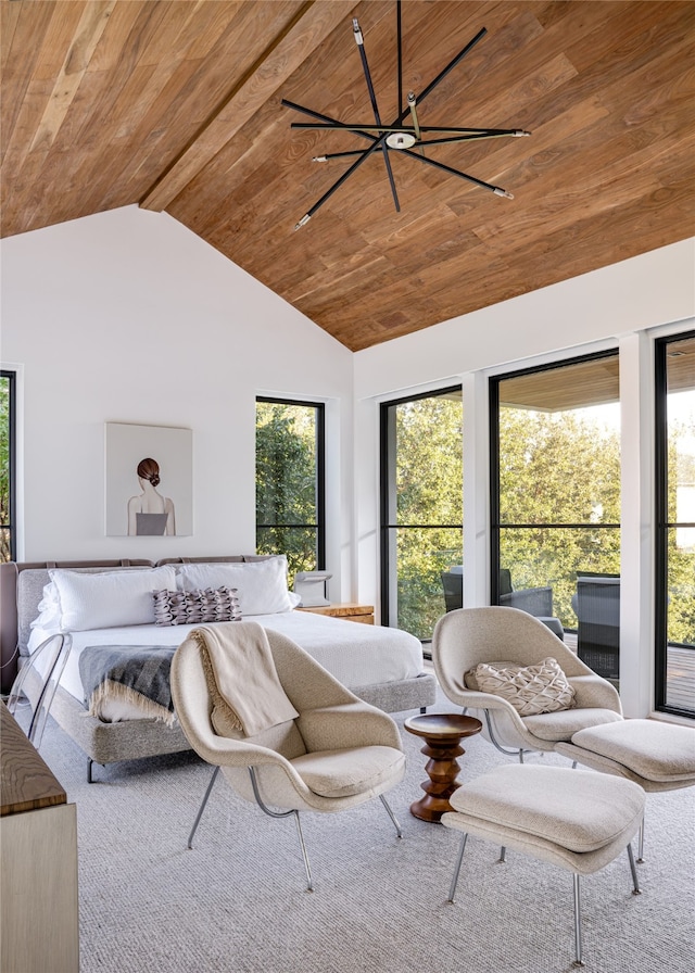 carpeted bedroom with wood ceiling and lofted ceiling