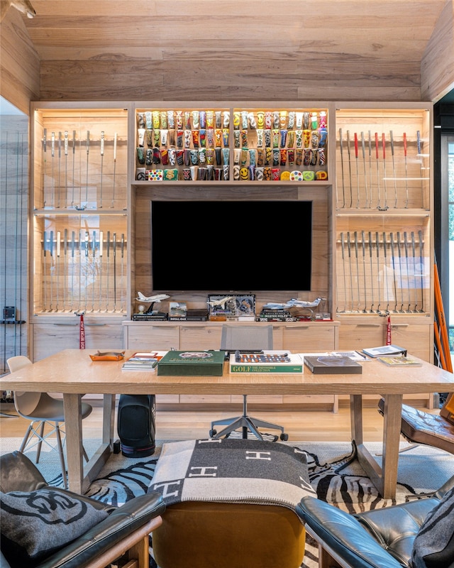 office space featuring wood walls and wooden ceiling