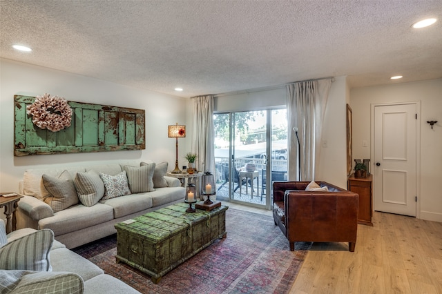 living room with light hardwood / wood-style floors and a textured ceiling