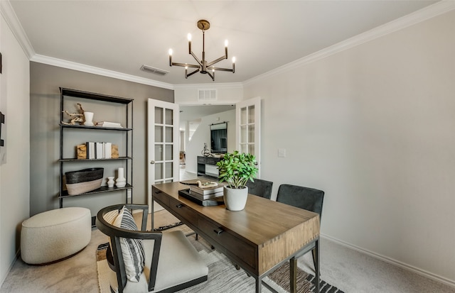 dining space with carpet, french doors, an inviting chandelier, and ornamental molding