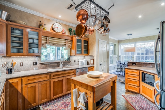 kitchen with ornamental molding, hardwood / wood-style floors, and a healthy amount of sunlight