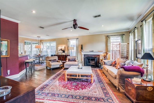 living room with dark wood-type flooring, ceiling fan, plenty of natural light, and ornamental molding