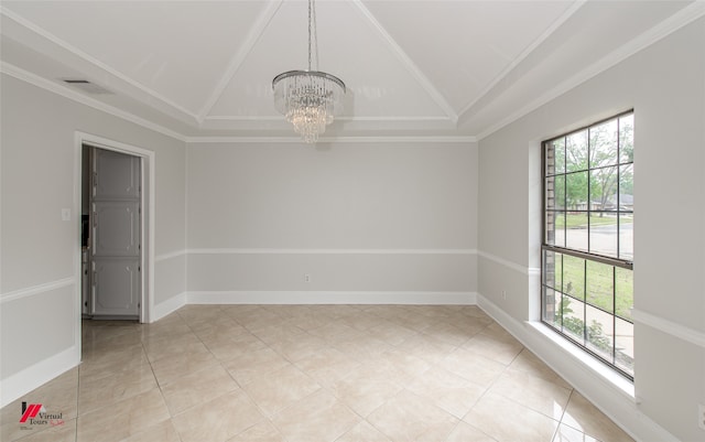 tiled empty room featuring ornamental molding, a chandelier, and vaulted ceiling