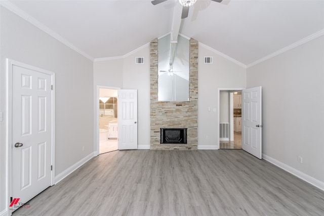 unfurnished living room featuring high vaulted ceiling, light wood-type flooring, ceiling fan, and beamed ceiling