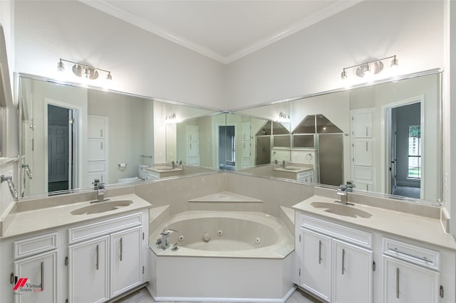 bathroom featuring independent shower and bath, vanity, and ornamental molding