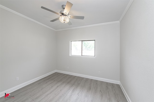 empty room with light hardwood / wood-style flooring, ceiling fan, and crown molding