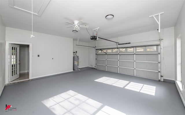 garage with water heater, a garage door opener, and ceiling fan