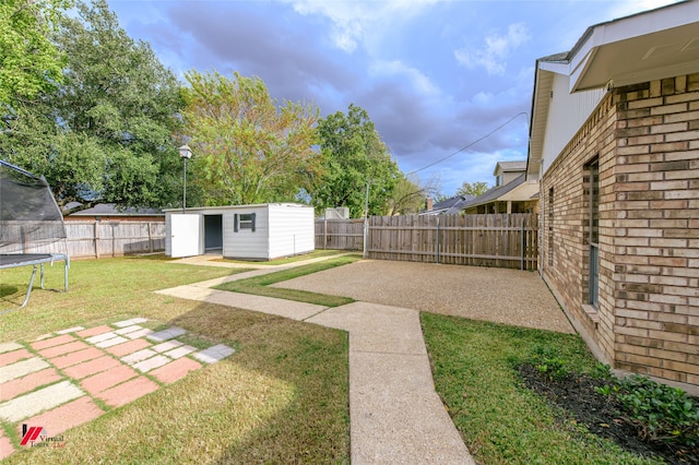 view of yard featuring a storage shed, a trampoline, and a patio