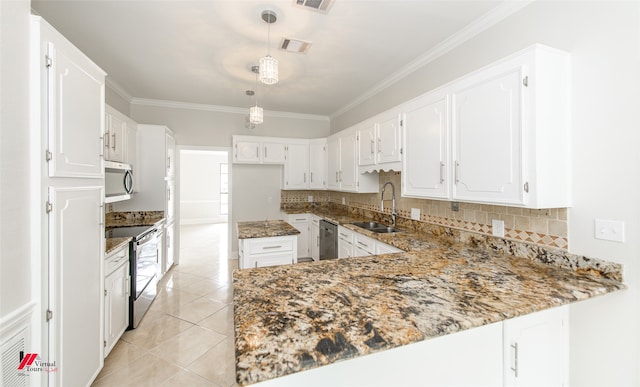 kitchen featuring stainless steel appliances, stone countertops, sink, white cabinets, and kitchen peninsula