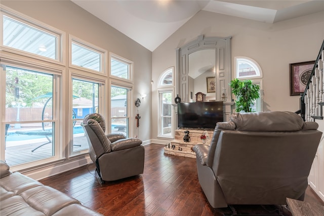 living room with high vaulted ceiling, a wealth of natural light, and dark hardwood / wood-style flooring