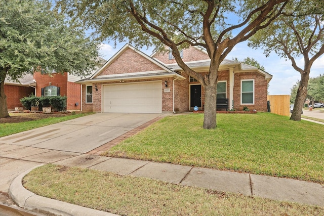 ranch-style house with a garage and a front yard