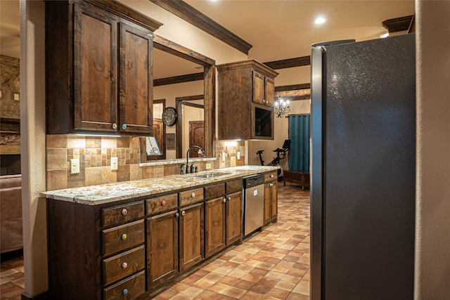 kitchen featuring sink, ornamental molding, backsplash, fridge, and dishwasher