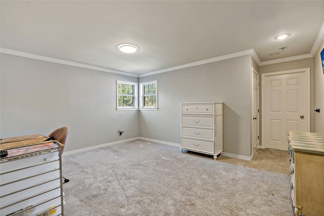 unfurnished office featuring crown molding and light colored carpet