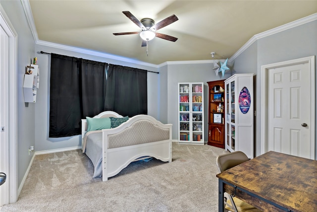 carpeted bedroom with crown molding and ceiling fan