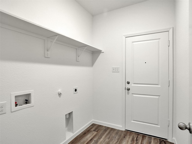 clothes washing area featuring hookup for a gas dryer, hookup for a washing machine, dark wood-type flooring, and hookup for an electric dryer