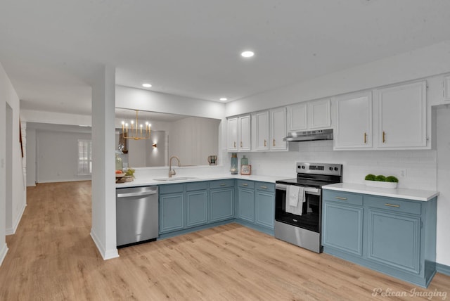 kitchen featuring tasteful backsplash, appliances with stainless steel finishes, sink, and light hardwood / wood-style flooring