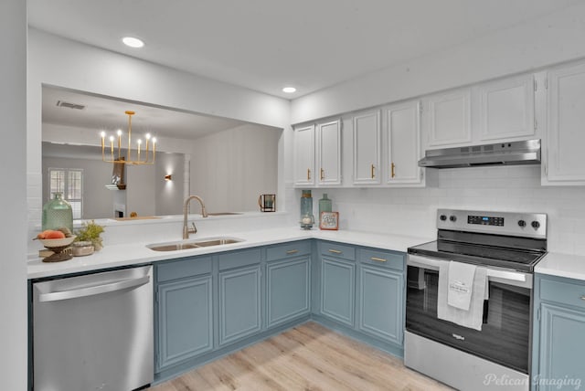 kitchen featuring appliances with stainless steel finishes, hanging light fixtures, decorative backsplash, sink, and light hardwood / wood-style floors