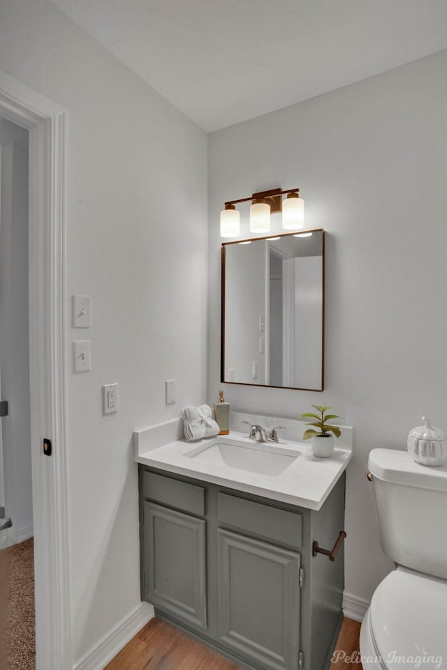 bathroom with vanity, toilet, and wood-type flooring