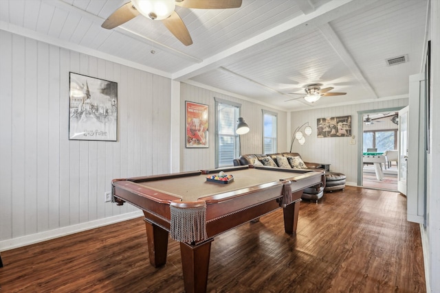 playroom with pool table, beamed ceiling, wood-type flooring, and wooden walls