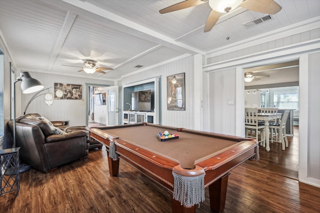 playroom featuring dark wood-type flooring, beam ceiling, and billiards