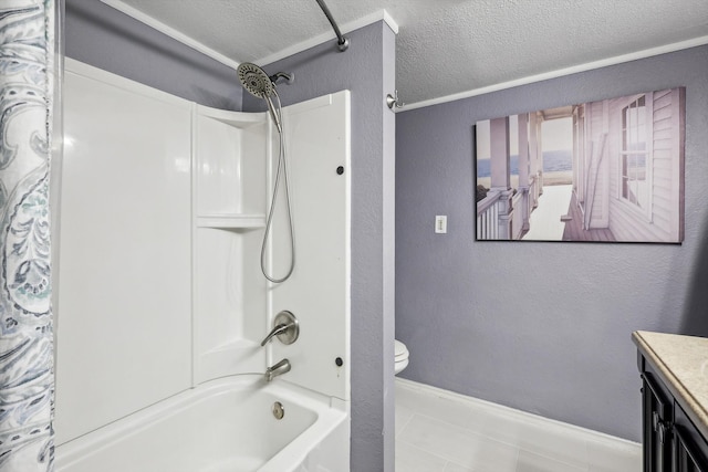 full bathroom featuring tile patterned floors, vanity, a textured ceiling, shower / bath combination, and toilet