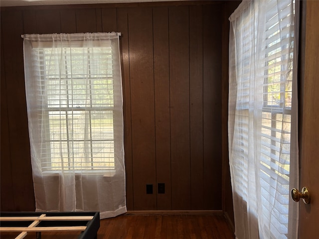 unfurnished room with wood walls and dark hardwood / wood-style floors