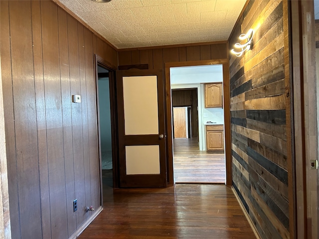 corridor featuring wood walls and dark hardwood / wood-style floors