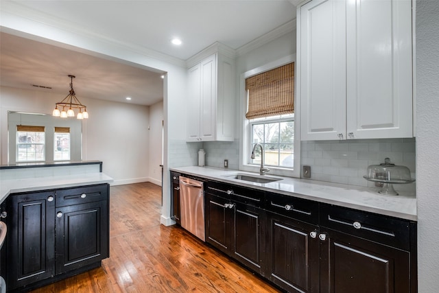 kitchen with sink, white cabinetry, stainless steel dishwasher, and tasteful backsplash