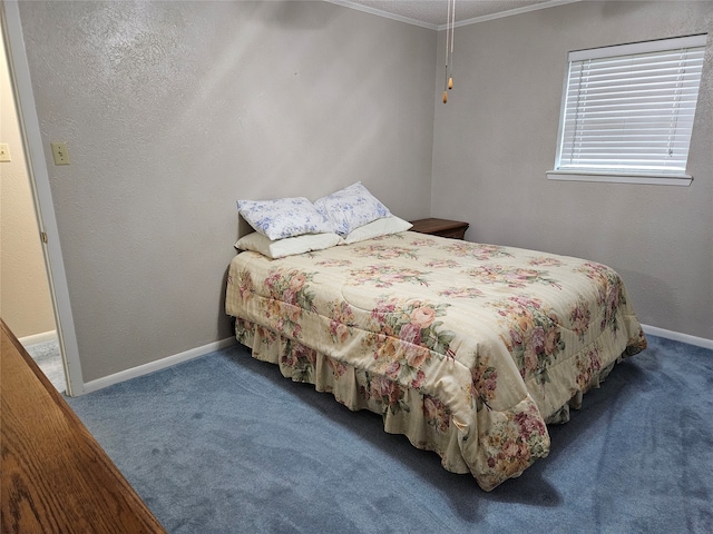 carpeted bedroom featuring crown molding