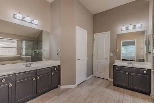 bathroom with hardwood / wood-style floors, a shower with door, and vanity