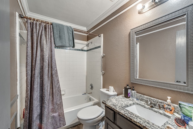 full bathroom with crown molding, vanity, a textured ceiling, shower / tub combo, and toilet