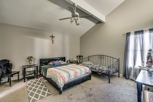 bedroom featuring carpet flooring, lofted ceiling, and ceiling fan