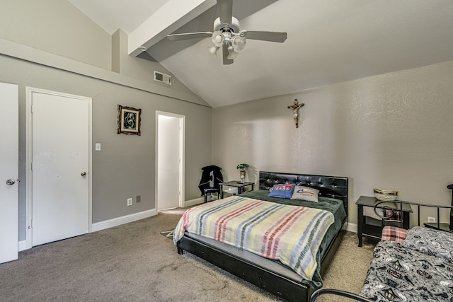 bedroom with carpet, ceiling fan, and vaulted ceiling