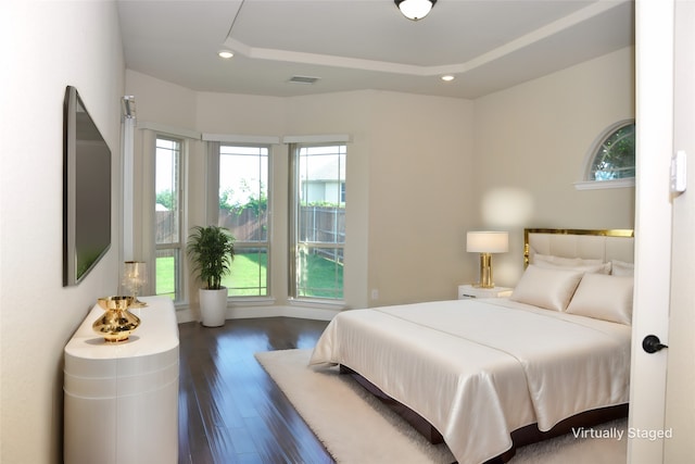 bedroom featuring dark hardwood / wood-style flooring and a raised ceiling