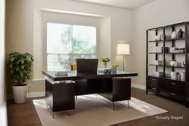 office with dark hardwood / wood-style floors