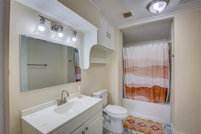 full bathroom with vanity, toilet, and shower / bathtub combination with curtain