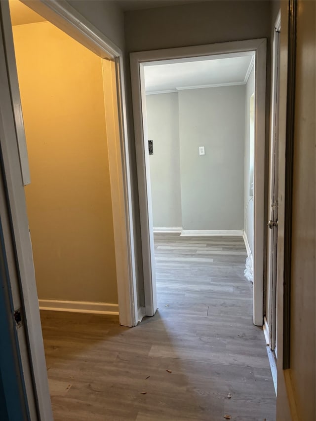 hall featuring ornamental molding and hardwood / wood-style flooring