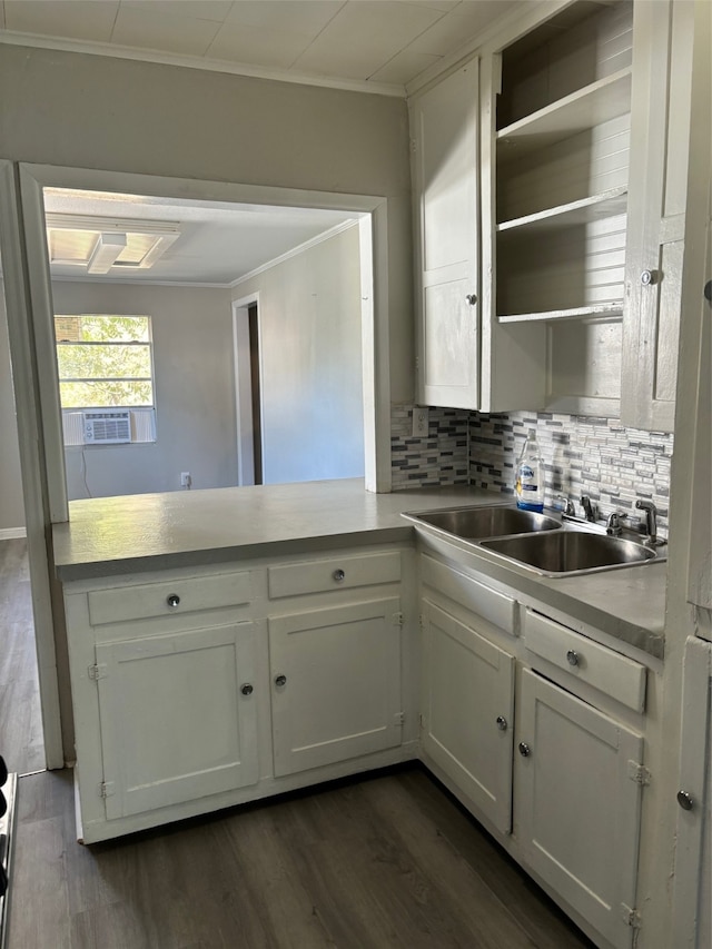 kitchen featuring white cabinetry, dark hardwood / wood-style flooring, sink, and tasteful backsplash