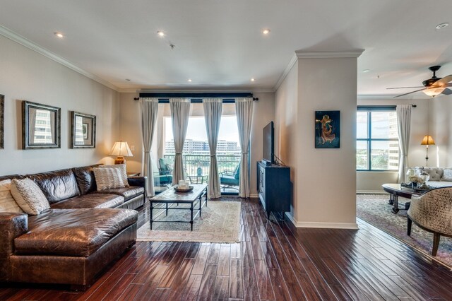 living room with dark hardwood / wood-style flooring, ceiling fan, and crown molding