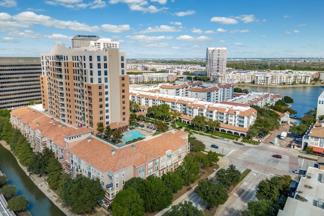 drone / aerial view with a water view